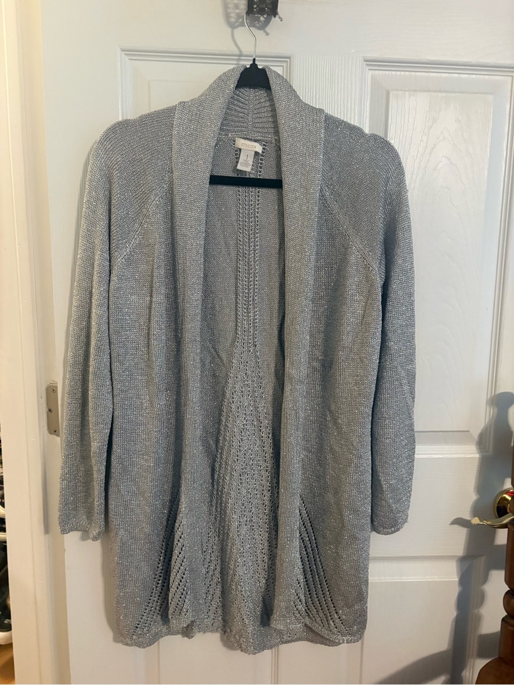 Chico's Silver Metallic Open-Front Cardigan